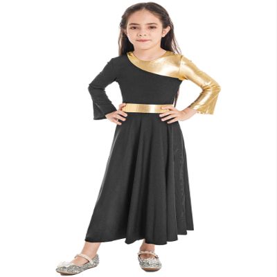CHICTRY Girls Metallic Praise Dance Dress Long Sleeve Liturgical Worship Costume Church Robe Lyrical Dancewear Black 4 Years