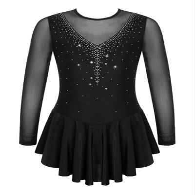 CHICTRY Girls Figure Ice Skating Dress Mesh Diamond Leotard Dance Dress Competition Gymnastics Costume Black 10 Years