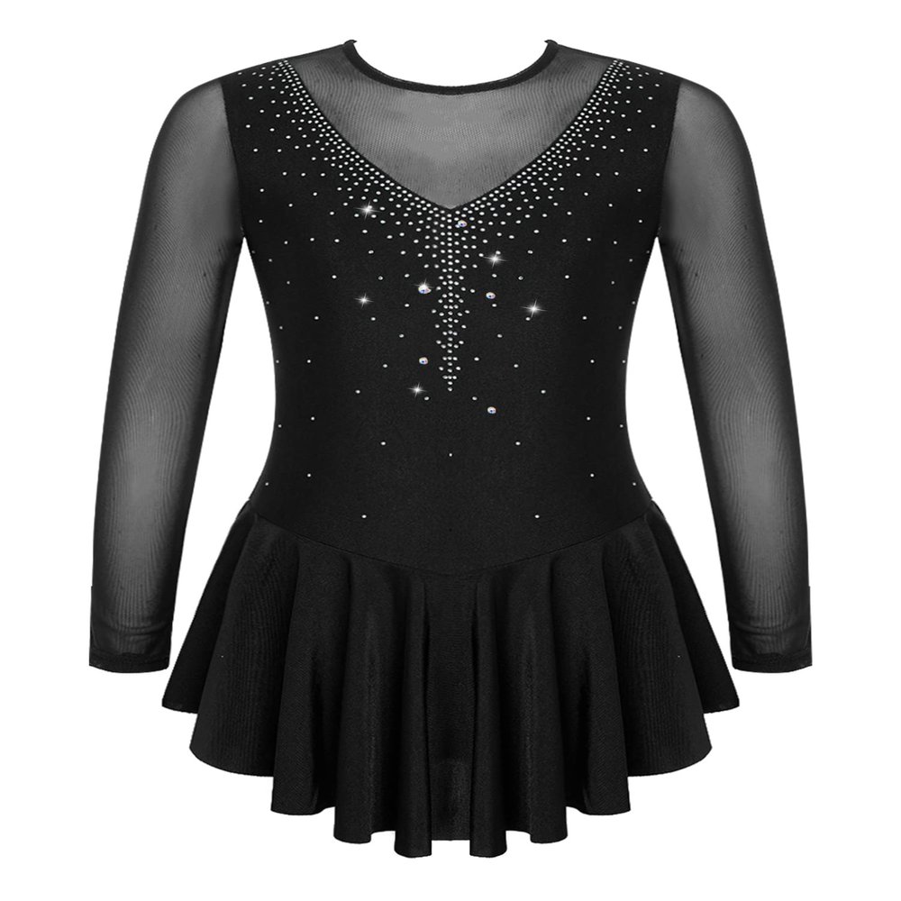 CHICTRY Girls Figure Ice Skating Dress Mesh Diamond Leotard Dance Dress Competition Gymnastics Costume Black 10 Years