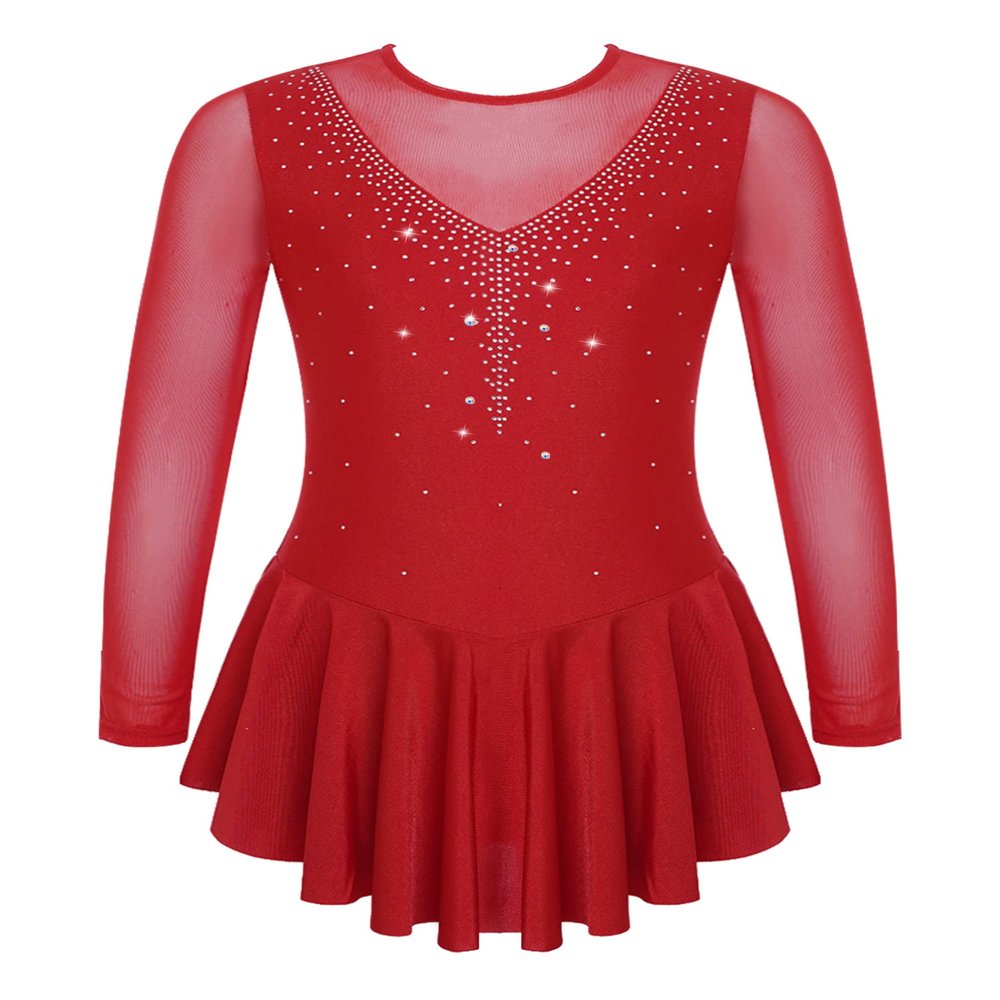 CHICTRY Girls Figure Ice Skating Dress Mesh Diamond Leotard Dance Dress Competition Gymnastics Costume Burgundy 8 Years