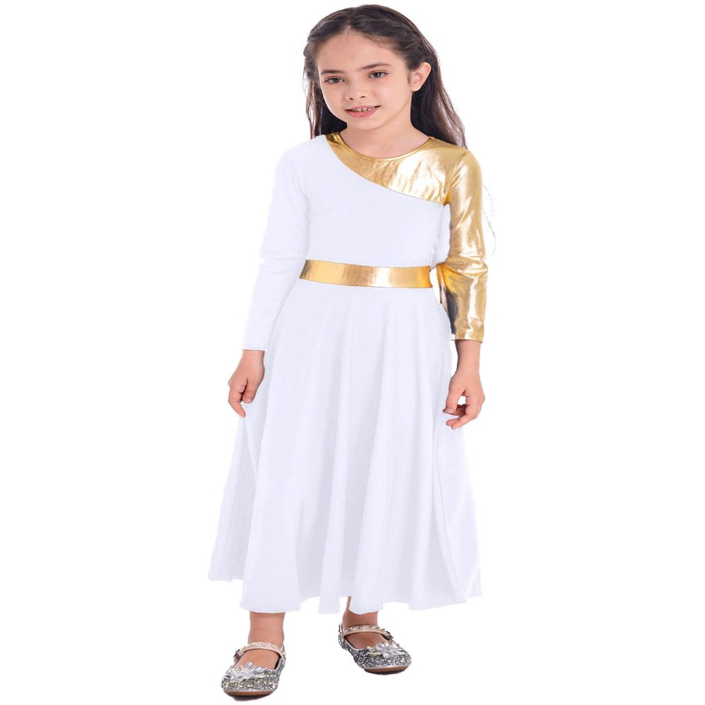 CHICTRY Girls Metallic Praise Dance Dress Long Sleeve Liturgical Worship Costume Church Robe Lyrical Dancewear White 10 Years