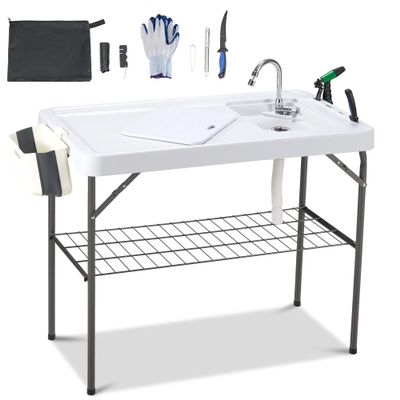 Dragosum Outdoor Sink Fish Cleaning Table Portable Camping Table with Faucet Hose Hook Up Grid Rack, Fish Fillet Camping Sink Table, Fish Cleaning Kit for Picnic Beach Patio