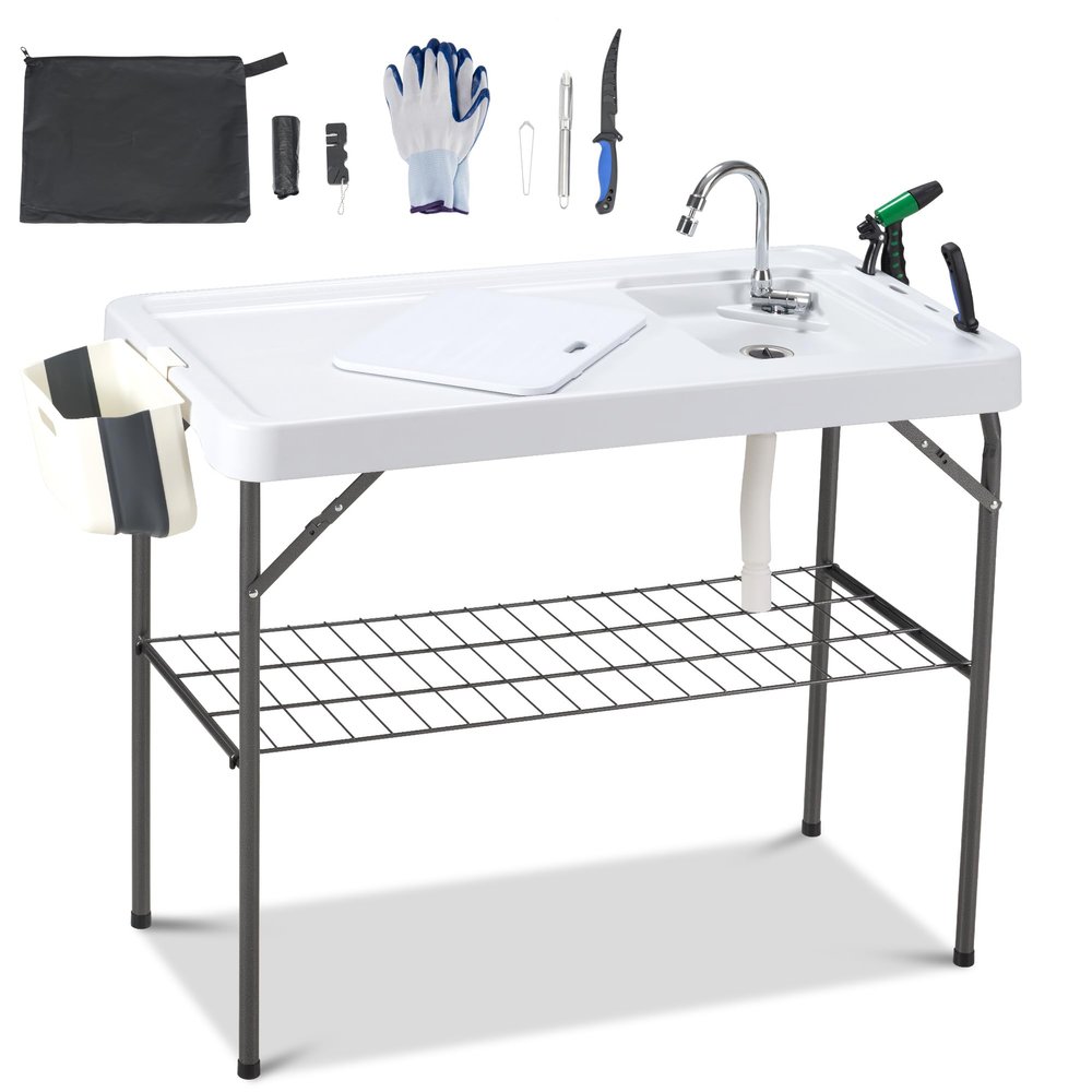 Dragosum Outdoor Sink Fish Cleaning Table Portable Camping Table with Faucet Hose Hook Up Grid Rack, Fish Fillet Camping Sink Table, Fish Cleaning Kit for Picnic Beach Patio