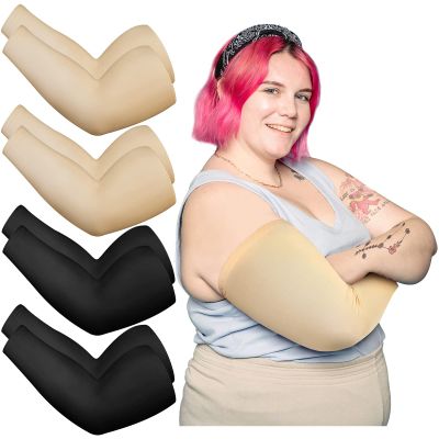 Crowye 8 Pieces Plus Size Full Arm Sleeves UV Sun Tattoo Arm Sleeve Cooling Arm Compression Covers Tattoo Cover Up for Women Men (Black, Beige)