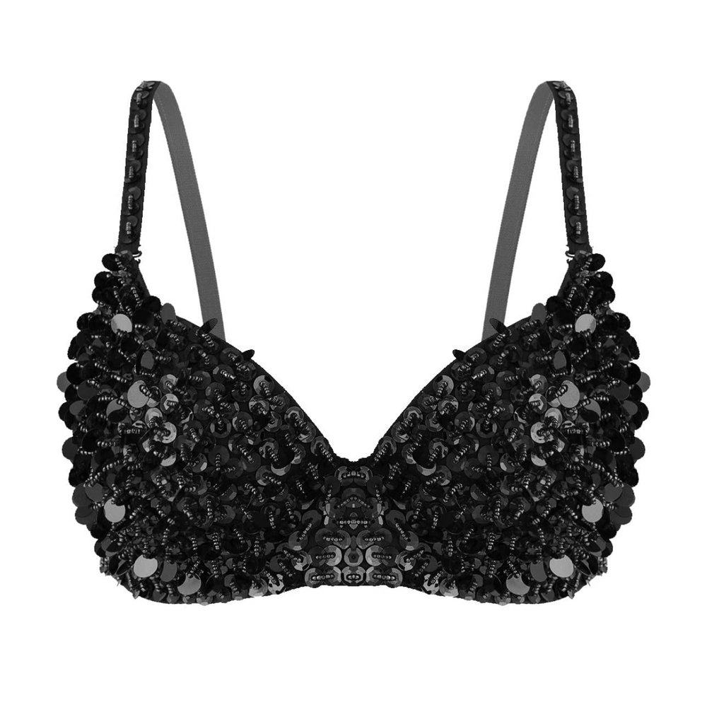 Kvysinly Women's Sparkle Belly Dance Costume Bra Top Sequin Rave Dance Crop Tops Party Club Wear Black Small