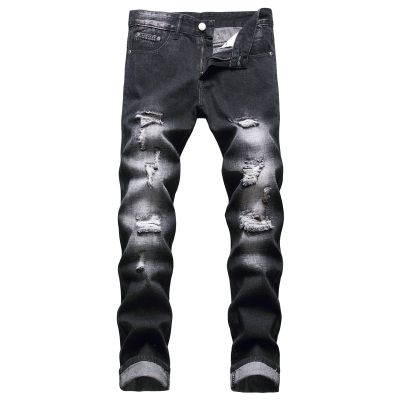DGHM-JLMY Men's Ripped Trend Slim Denim Straight Leg Pants Skinny Fashion Denim with Hole Jean Distressed Destroyed Pant (Black,28)