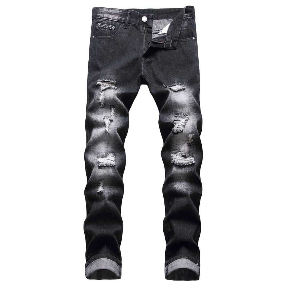 DGHM-JLMY Men's Ripped Trend Slim Denim Straight Leg Pants Skinny Fashion Denim with Hole Jean Distressed Destroyed Pant (Black,28)