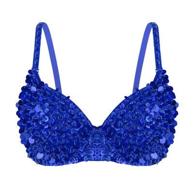 Kvysinly Women's Sparkle Belly Dance Costume Bra Top Sequin Rave Dance Crop Tops Party Club Wear Blue Medium