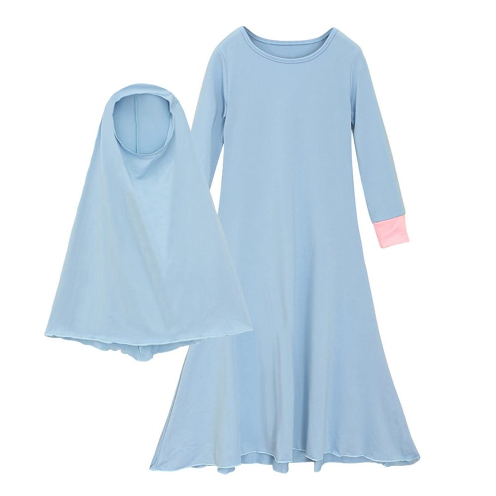 Muslim Islamic Baby Girls' Ramadan Abaya With Hijab Full Length Robe Burka Maxi Little Kid Toddler Baby Birthday Shirt (Sky Blue, 7-8 Years)