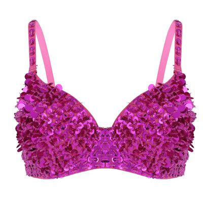Kvysinly Women's Sparkle Belly Dance Costume Bra Top Sequin Rave Dance Crop Tops Party Club Wear Rose Small