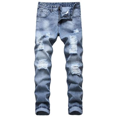 Men's Ripped Simple Non-Elastic Cotton Jeans Slim Fit Stretch Distressed Jeans Classic Straight Fit Denim Pants (Blue,30)