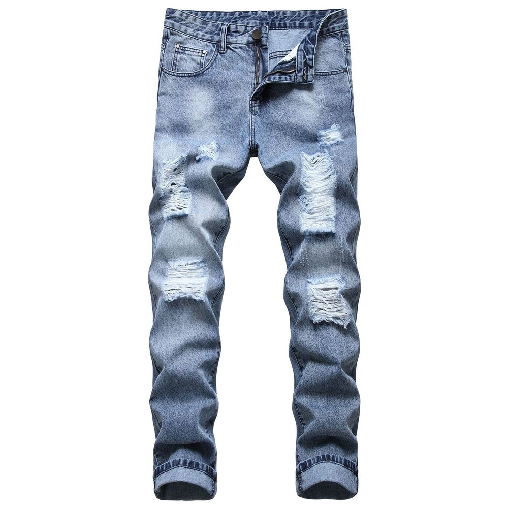 Men's Ripped Simple Non-Elastic Cotton Jeans Slim Fit Stretch Distressed Jeans Classic Straight Fit Denim Pants (Blue,30)