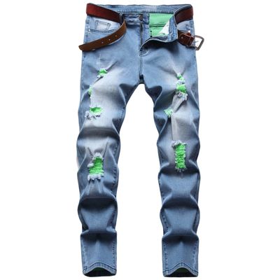 DGHM-JLMY Men Tattered Colored Yarn Slightly Elastic Jeans Ripped Hole Slim-fit Casual Jean Destroyed Straight Denim Pant (Blue,28)