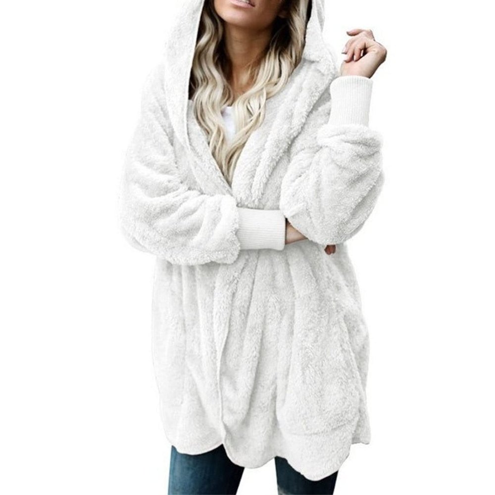 Womens Oversized Sherpa Coat Long Sleeve Fuzzy Fleece Open Front Hoodie Fall Winter Warm Fluffy Cardigan Outwear (White,XX-Large)