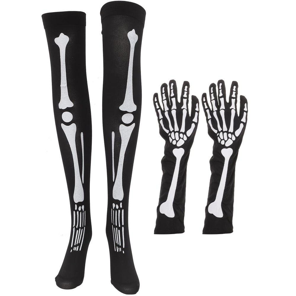 ABOOFAN 1 Set Long Accessory Knee Stockings Cosplay for Thigh Full Stylish Pattern Fashion and Party Costume High Skeleton Socks Gras Mardi Finger Halloween Bones Gloves