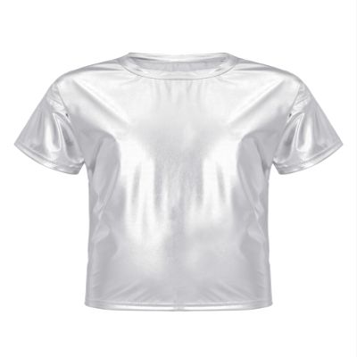Hansber Kids Boys Girls Shiny Metallic T-Shirts Round Neck Short Sleeve Dance Tops Stage Performance Costume Metallic,Silver 11-12