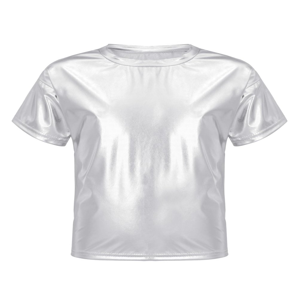 Hansber Kids Boys Girls Shiny Metallic T-Shirts Round Neck Short Sleeve Dance Tops Stage Performance Costume Metallic,Silver 11-12