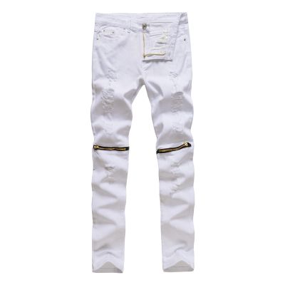DGHM-JLMY Men's Jeans with Holes Zip Pants Moto Biker Jeans Distressed with Zipper Ripped Straight Fit Zipper Jeans Destroyed (White,28)