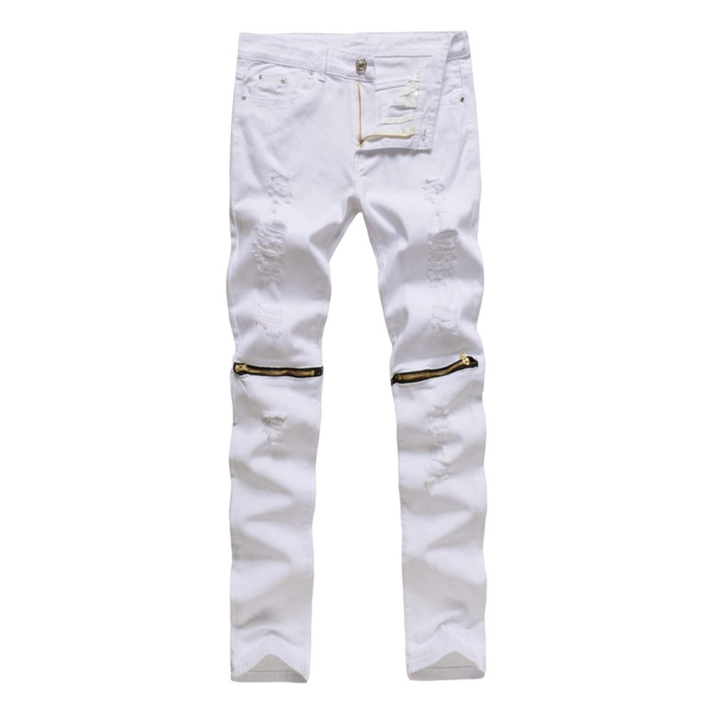 DGHM-JLMY Men's Jeans with Holes Zip Pants Moto Biker Jeans Distressed with Zipper Ripped Straight Fit Zipper Jeans Destroyed (White,28)