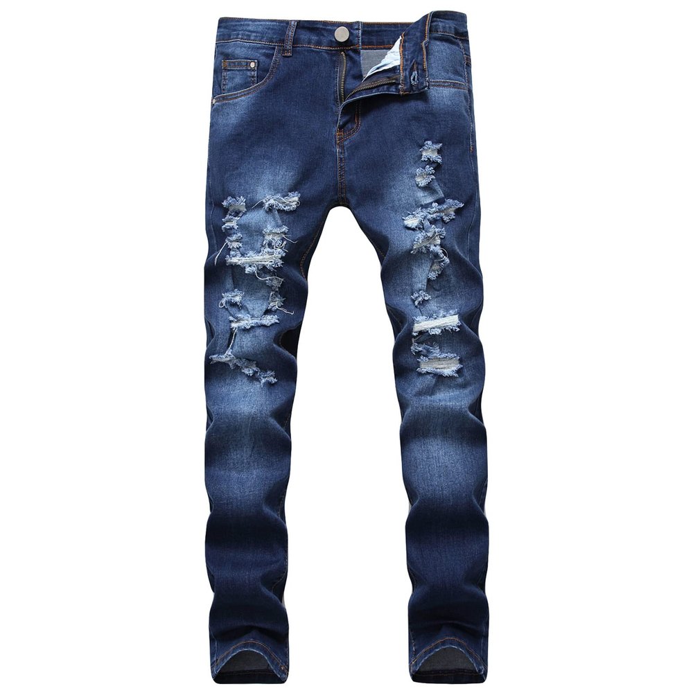 Men's Ripped Elastic Slim Jeans Fit Distressed Straight Leg Fashion Denim Pants Classic with Holes Jeans (Dark Blue,28)