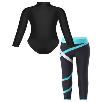 TiaoBug Kids Girls Long Sleeves Gymnastics Ballet Dance Leotard and Leggings Athletic Dancewear Activewear Set Green 7-8 Years