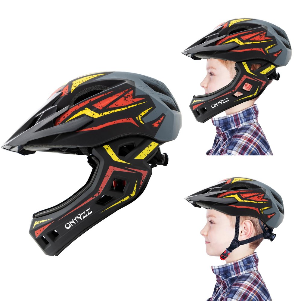 ONTYZZ Kids Bicycle Helmet Kids Adjustable Safety Full Face Helmet Lightweight Toddler Mountain Full Bike Helmet for Skating Cycling Scooter for Youth Child Boys Girls Ages Red-Yellow/M
