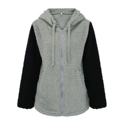 JEsilunmaMY Womens Color Block Sherpa Jacket Long Sleeve Fuzzy Fleece Teddy Hooded Coats Warm Winter Shaggy Shearling Outwear (Grey,5X-Large)