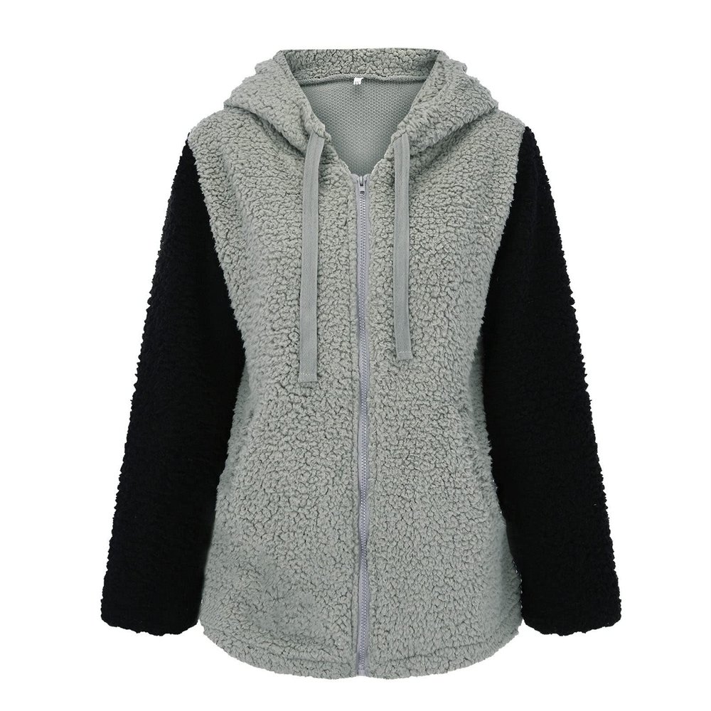JEsilunmaMY Womens Color Block Sherpa Jacket Long Sleeve Fuzzy Fleece Teddy Hooded Coats Warm Winter Shaggy Shearling Outwear (Grey,5X-Large)
