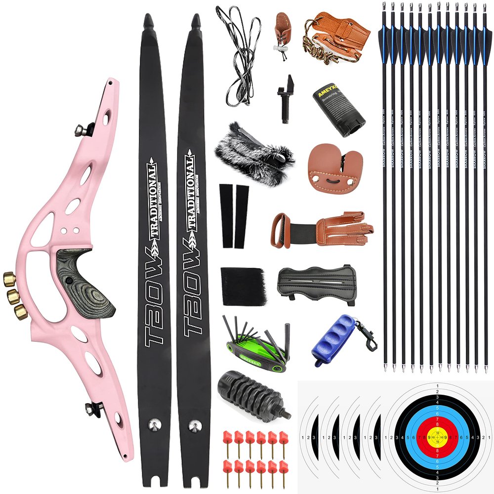 62" Takedown Recurve Bow Arrows Kit 30-60lbs Hunting Bow Metal Riser Longbow for Adult Youth Outdoor Shooting Right Hand (30Lbs, Pink)