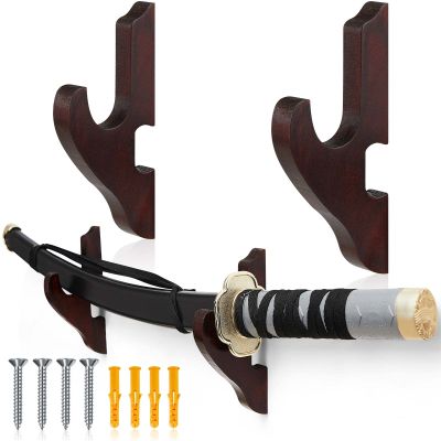 Chunful 2 Pcs Sword Wall Mount Sword Holder Katana Stand 1 Tier Hanger Adjustable Wooden Mounts for Samurai(5.91 x 2.76 x 1.38 Inches,Reddish Brown)