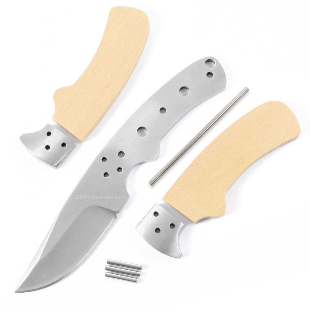 EZSMITH Knife Making Kit - Western Skinner - DIY Fixed Blade - (Blade Blank & Pinstock w/Yellowheart Pre-machined Handle Scales) - (USA Design) - (by KnifeKits)
