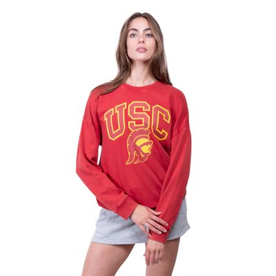 Ultra Game NCAA Women's Extra Soft Fleece Distressed Oversized Pullover Sweatshirt, USC Trojan, Cardinal Red, Large
