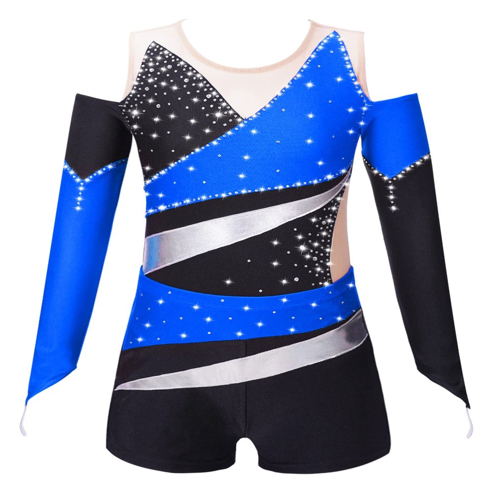 CHICTRY Girls Gymnastics Leotards with Shorts Long Sleeve Off Shoulder Athletic Unitard Biketard Dance Outfit Blue 6 Years