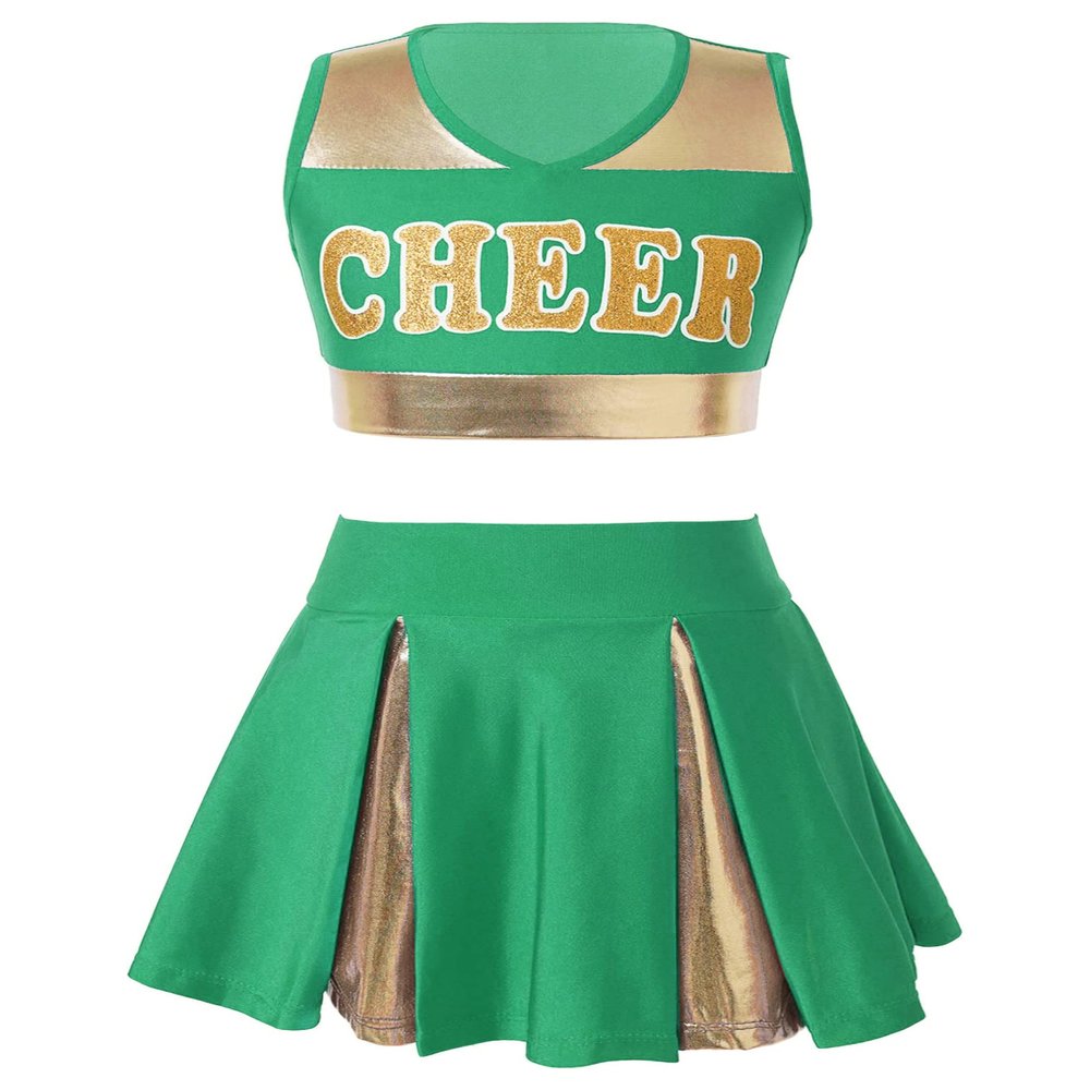 JEATHA Teen Girls Cheerleading Outfits Cheer Leader Uniform Sleeveless Letter Print Crop Tops with Skirt Set Green 16 Years