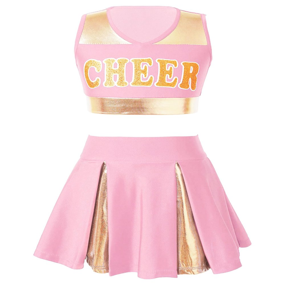 JEATHA Teen Girls Cheerleading Outfits Cheer Leader Uniform Sleeveless Letter Print Crop Tops with Skirt Set Light Pink 6 Years