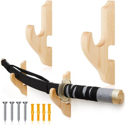 Chunful 2 Pcs Sword Wall Mount Sword Holder Katana Stand 1 Tier Hanger Adjustable Wooden Mounts for Samurai(5.91 x 2.76 x 1.38 Inches,Wood Color)