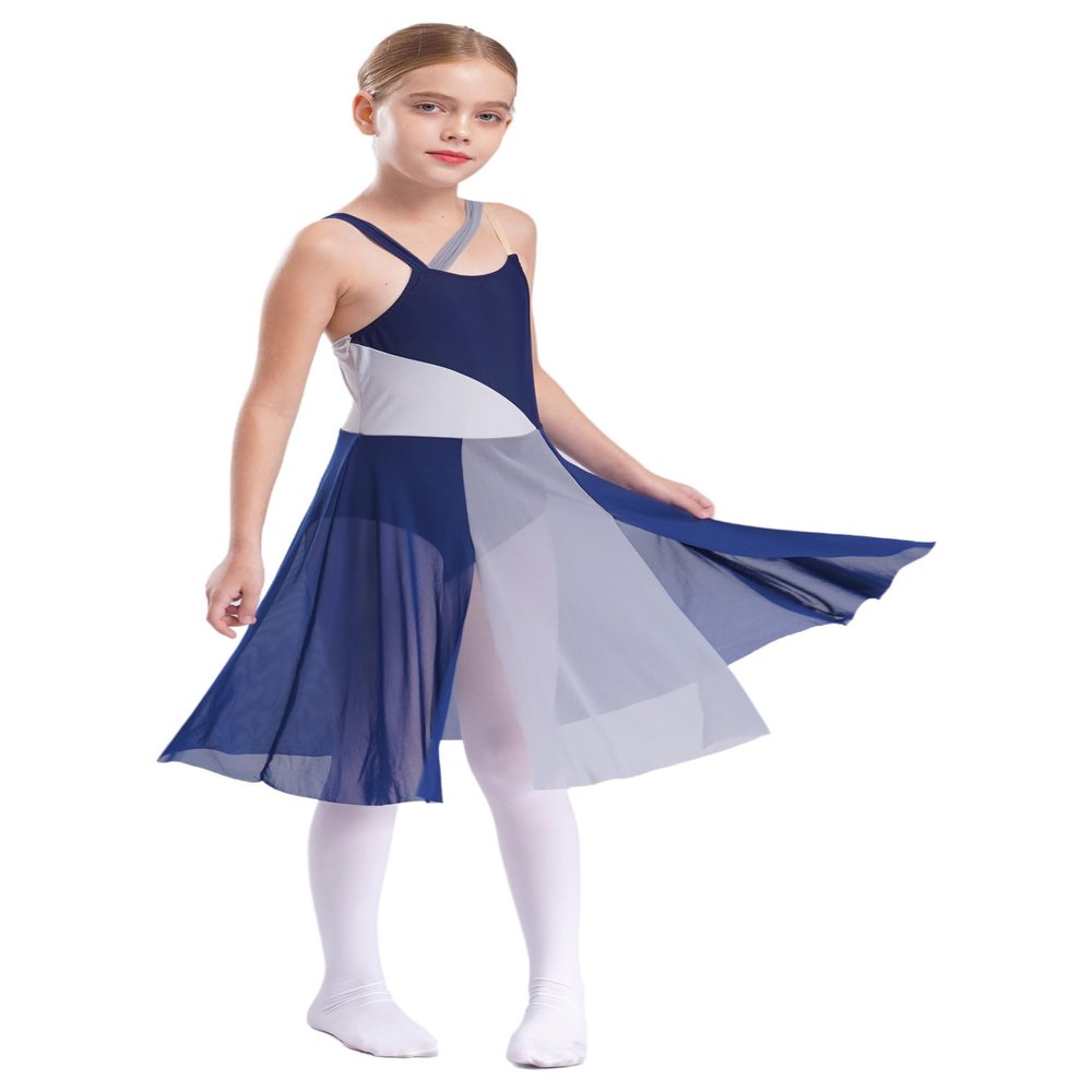 JEATHA Kids Girls Sleeveless Colorblock Mesh Tulle Leotard Dress for Lyrical Contemporary Dance Performance Blue 16 Years