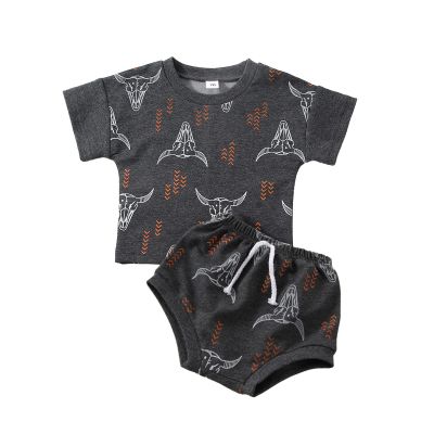 BOIBOKOKO Western Baby Boy Clothes Short Sleeve Cowboy T Shirt Top Cow Print Elastic Waist Shorts 2PCS Baby Summer Outfits (Grey, 12-18 Months)