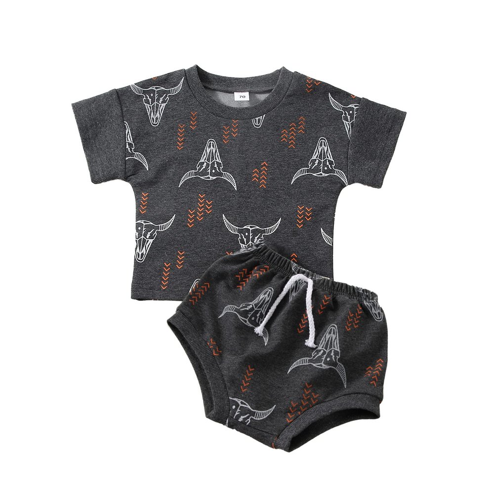 BOIBOKOKO Western Baby Boy Clothes Short Sleeve Cowboy T Shirt Top Cow Print Elastic Waist Shorts 2PCS Baby Summer Outfits (Grey, 12-18 Months)