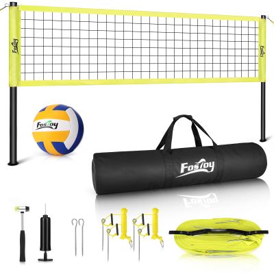 Fostoy Volleyball Net Outdoor, Professional Portable Volleyball Net Set with Adjustable Height Poles, Anti-Sag System, Soft Volleyball, Pump, Boundary Line and Carrying Bag for Backyard, Beach, Lawn