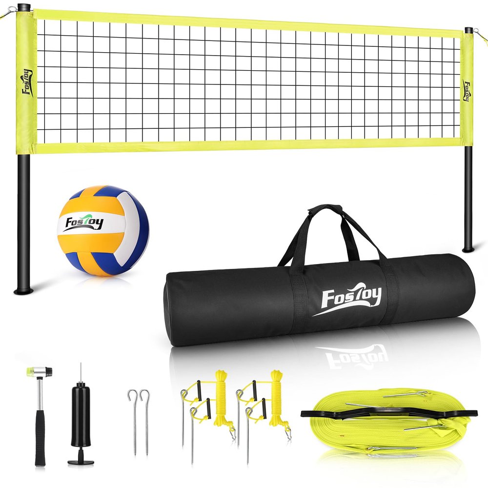Fostoy Volleyball Net Outdoor, Professional Portable Volleyball Net Set with Adjustable Height Poles, Anti-Sag System, Soft Volleyball, Pump, Boundary Line and Carrying Bag for Backyard, Beach, Lawn