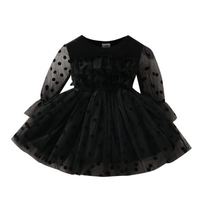 Children Kids Toddler Infant Newborn Baby Girls Long Sleeve Solid Polka Dot Tulle Dress Princess Dress Baby Girl Outfit (Black, 12-18 Months)