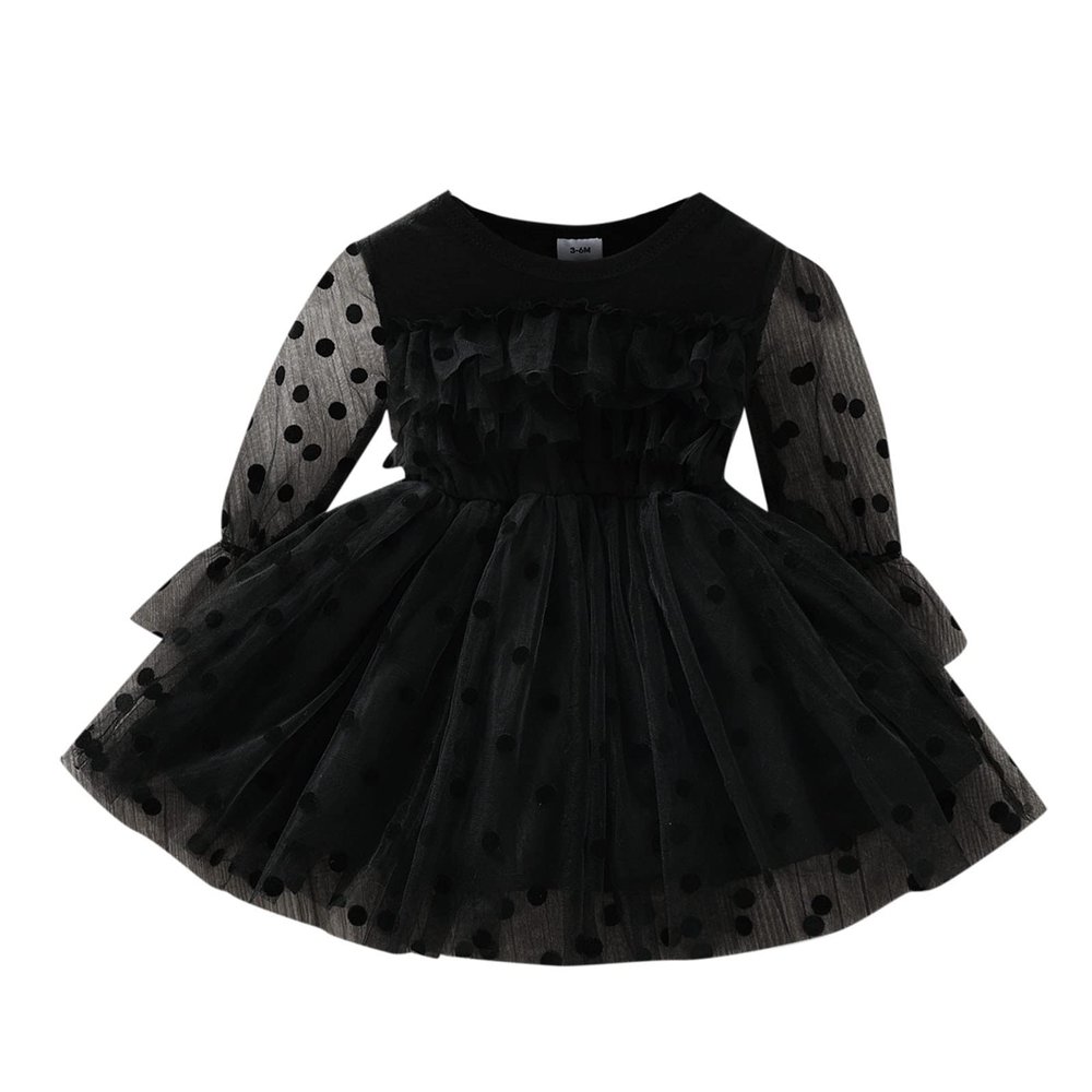 Children Kids Toddler Infant Newborn Baby Girls Long Sleeve Solid Polka Dot Tulle Dress Princess Dress Baby Girl Outfit (Black, 12-18 Months)
