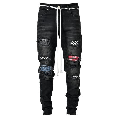 DGHM-JLMY Men's Slim Patch Ripped Jeans Patches Distressed Tapered Leg Denim Pants Elastic Stretchy Skinny Jeans (Black,Small)