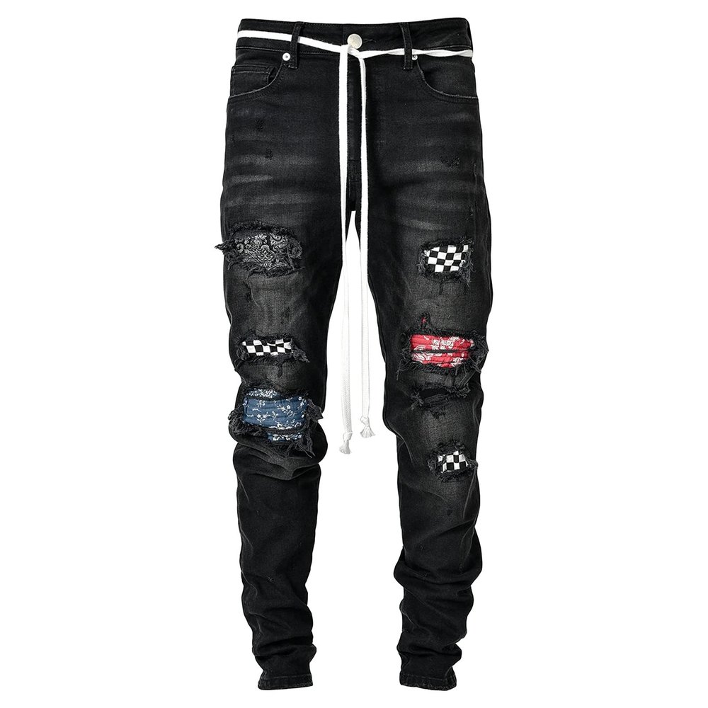DGHM-JLMY Men's Slim Patch Ripped Jeans Patches Distressed Tapered Leg Denim Pants Elastic Stretchy Skinny Jeans (Black,Small)
