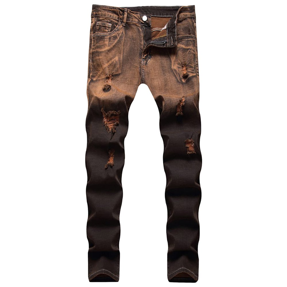 DGHM-JLMY Men's Tie-Dyed Casual Fashion Straight Stretch Jeans Gradient Slim Trousers Ripped Streetwear Denim Pants (Orange,28)