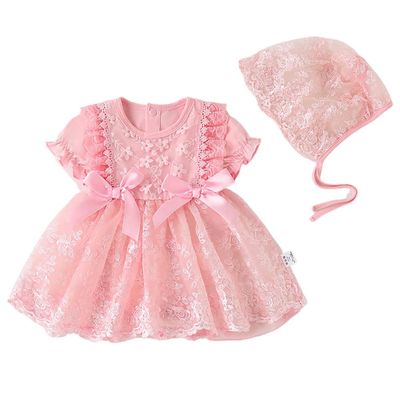 Baptism Dresses For Baby Girls Newborn Infant Toddler Christmas Birthday Outfits Christening Tulle Tutu Dresses with Hat Flower Girl Wedding Guest Summer Dress Short Sleeve Pink 3-6 Months