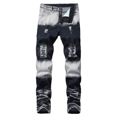 DGHM-JLMY Men's Stretch Zipper Decorative Jeans Distressed Biker Stretched Moto Denim Pants Stretch Ripped Skinny Jeans (Blue,28)