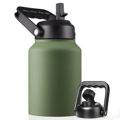 EALGRO Half Gallon Insulated Water Bottle Jug with Straw, 64 oz Large Stainless Steel Sports Metal Water Flask with Handle, Thermal Water Cup Mug with 2 Lids, Army Green