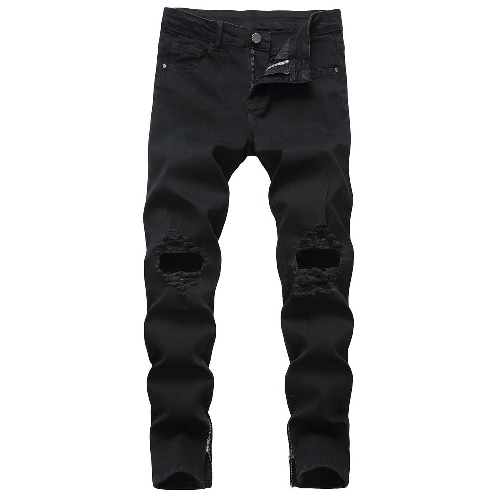 DGHM-JLMY Men's Ripped Zipper Denim Stretch Pants Knee Rips Zip Distressed Stretch Denim Pants Stretchy Fashion Holes Jeans (Black,28)